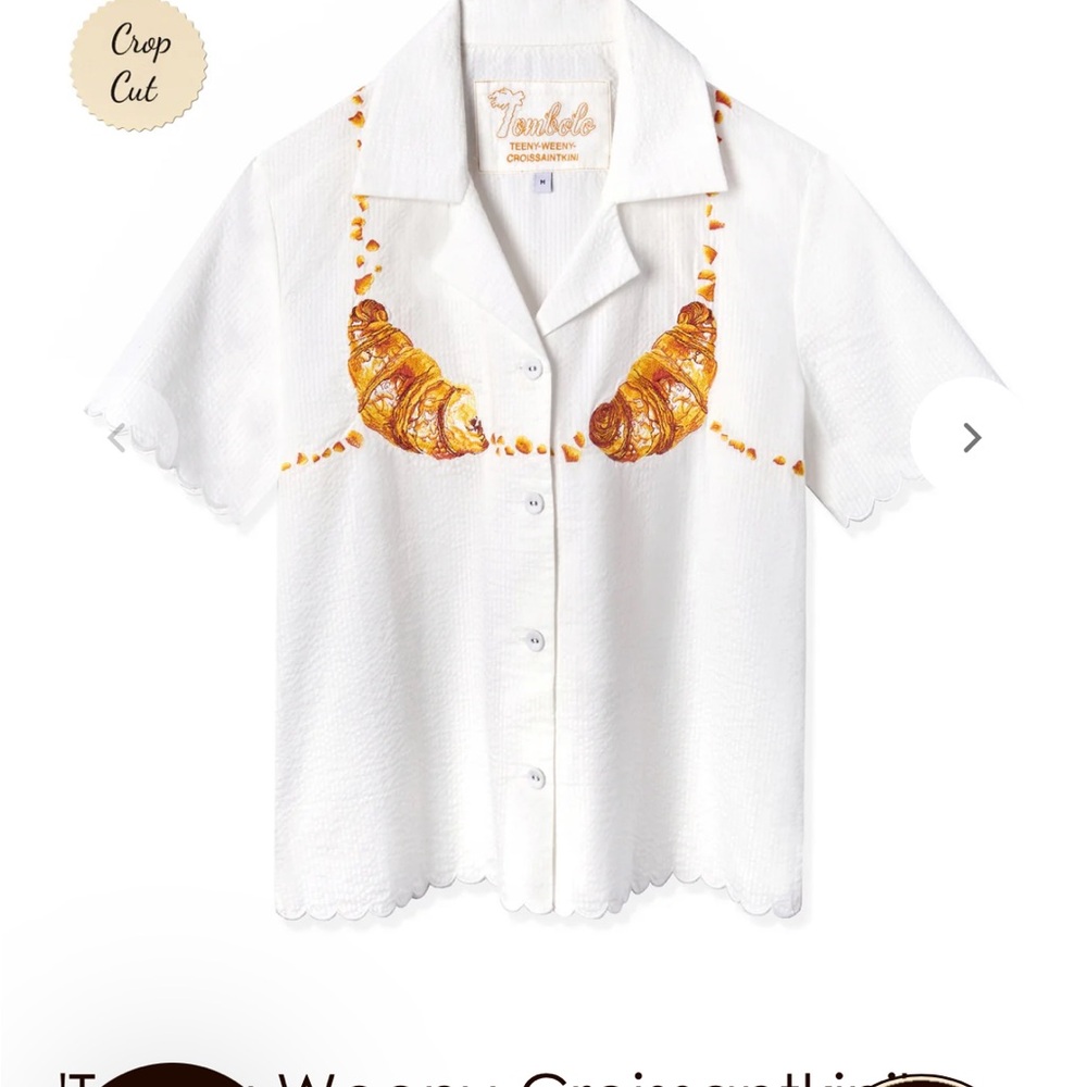 Women's White Button Down Shirt with Croissant Design